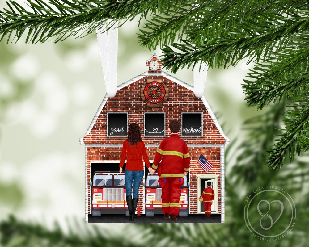 Personalized Couples Firefighter Caricature Ornament